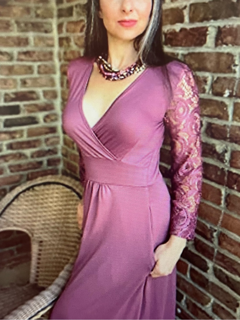 Elegant Mauve Lace Long Sleeve Maxi Dress V-Neck Wrap Waist w/Pockets Mauve Sz L